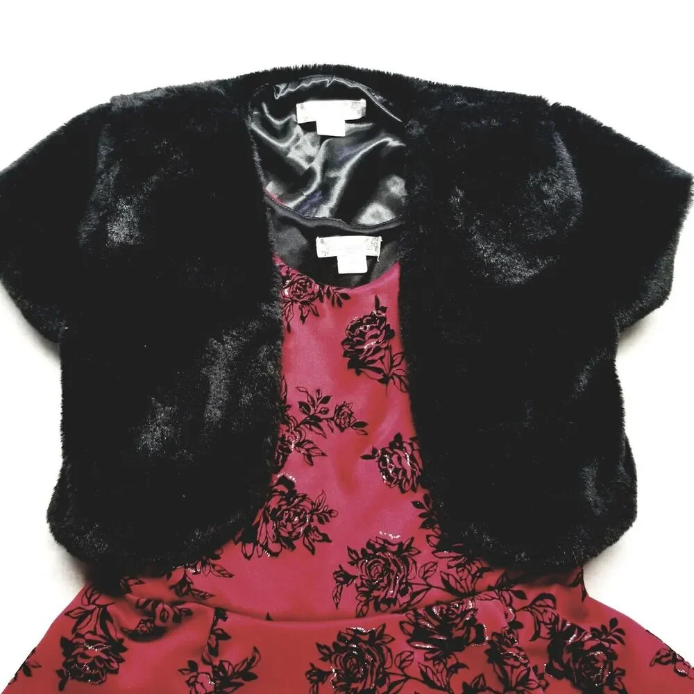 Knit Works Girls 12 Dress Formal Black Red Floral Faux Fur Jacket Holiday